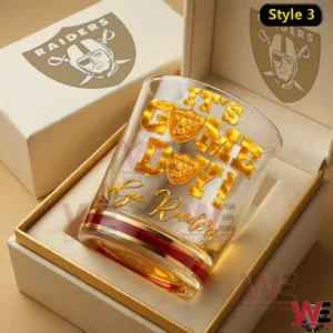 Las Vegas Raiders game day whiskey glass with gold text in luxury box!
