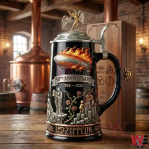 Led Zeppelin anniversary beer stein on wooden table in brewery setting!