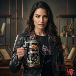 Woman holding Led Zeppelin anniversary beer stein indoors!