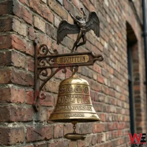 Led Zeppelin commemorative wall bell with a winged figure mounted on a brick wall!