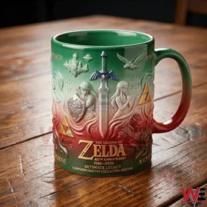 Legend of Zelda commemorative mug with fantasy symbols and characters!