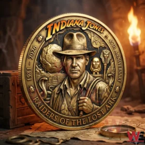 Gold commemorative coin featuring Indiana Jones in an ancient adventure scene!