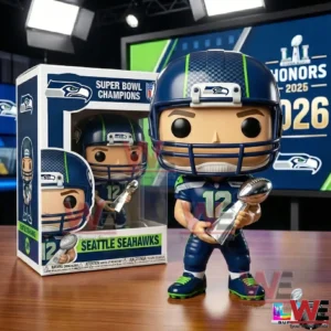 A Seattle Seahawks football collectible figure holding a championship trophy on a display table!