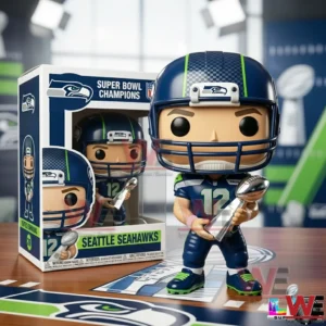 Seattle Seahawks themed football collectible holding a championship trophy in a studio setting!