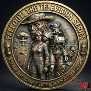 Fallout television series commemorative coin with Vault heroine, power armor soldier, and wasteland scene!