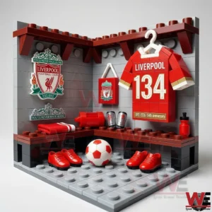 A red Liverpool football club dressing room display with jersey boots ball and club crest on the wall!