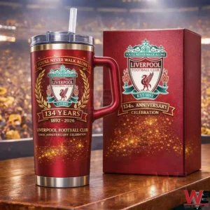 A Liverpool anniversary insulated tumbler with gift box on a table!