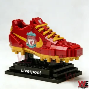 Liverpool brick football boot displayed on a black stand!