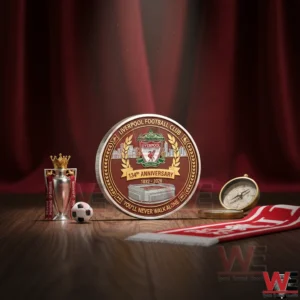 Liverpool Football Club 1892-2026 134th Annviersary Coin 3 Liverpool Football Club anniversary coin displayed with football themed items on a table!