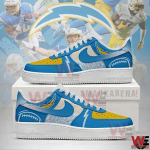 Blue and yellow Los Angeles Chargers themed Air Force One sneakers with lightning bolt and football graphics!