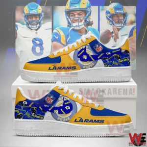 Blue and gold Los Angeles Rams sneakers with team logos and player images in the background.