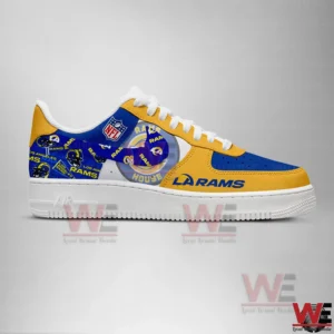 Blue and yellow Los Angeles Rams sneakers with all over team logo pattern.