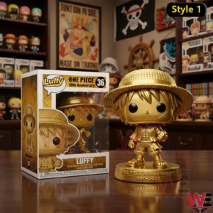 Golden Luffy anniversary collectible figure with box on wooden table.