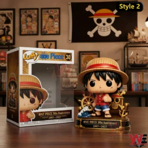 Colorful Luffy anniversary collectible figure with themed base and box.