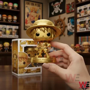 Hand holding golden Luffy anniversary collectible figure.