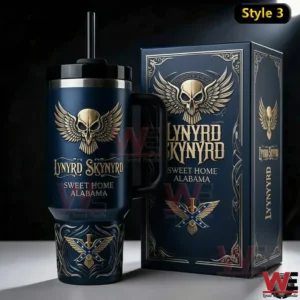 Lynyrd Skynyrd Sweet Home Alabama Tumbler 6 Dark blue insulated tumbler with winged skull emblem and gift box!
