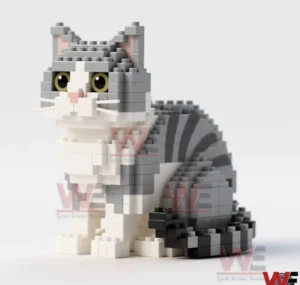 Small gray and white brick cat model sitting upright!