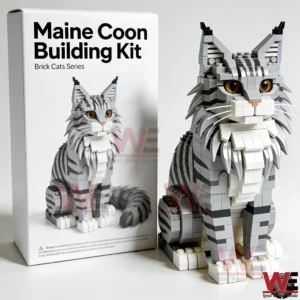 Brick Maine Coon cat model standing next to its product box!