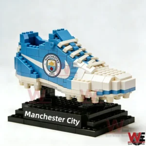 Manchester City football boot building block model on a black display stand!