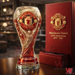 Crystal style commemorative cup celebrating Manchester United 148th anniversary with red gold design and display box!