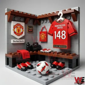 Manchester United dressing room building block display with red jersey boots and football!