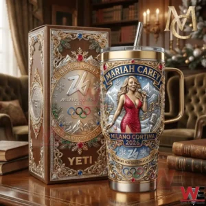 Decorative insulated tumbler featuring Mariah Carey in a red dress with winter themed design and gift box!