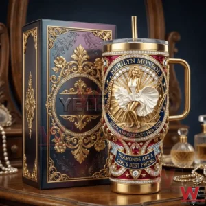 Luxury handled tumbler with Marilyn Monroe centennial artwork beside an ornate gift box!