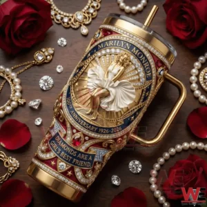 Marilyn Monroe themed jeweled tumbler on a flat lay with roses pearls and jewelry!