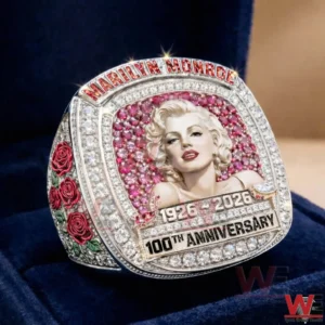 Diamond anniversary ring featuring a portrait of Marilyn Monroe with red roses on the band!