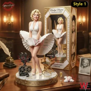Marilyn Monroe anniversary figure in white dress standing on decorative base with vintage film camera and collector box!