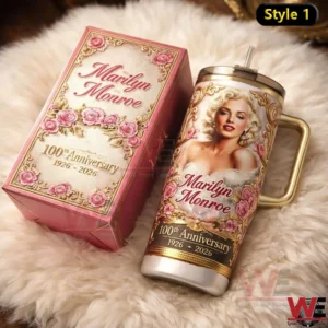 Pink Marilyn Monroe 100th Anniversary tumbler with matching floral gift box.