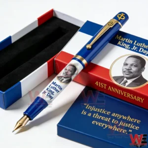 Blue and gold Martin Luther King commemorative fountain pen displayed on themed box!