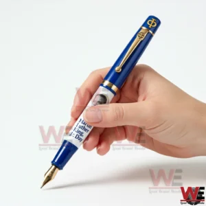 Hand holding blue and gold Martin Luther King commemorative fountain pen!