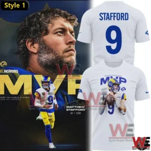 White MVP themed Matthew Stafford football tshirt with action pose graphic.