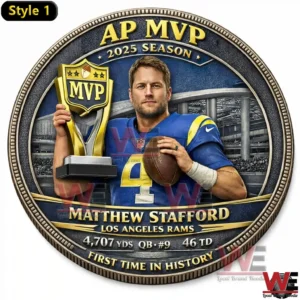 Commemorative coin featuring Matthew Stafford holding an MVP trophy in Los Angeles Rams uniform!