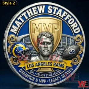 Artistic MVP commemorative coin with Matthew Stafford portrait and Los Angeles Rams symbols!