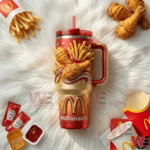 McDonalds tumbler featuring fried chicken and french fries design on a soft white background!