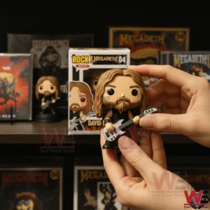 David Ellefson bass figure held in hand in front of album collection.