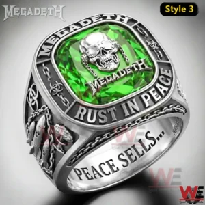 Megadeth Rust In Peace Limited Edition Ring 9 Megadeth Rust In Peace Style Three ring with green crystal and silver band.