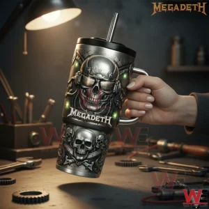 Megadeth skull tumbler with dark metallic design in a workshop setting!