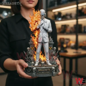 Megadeth Vic Rattlehead statue in white suit with flames and skull base!