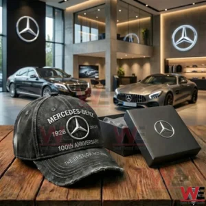 Mercerdes 100th Anniversary Faded Classic Cap 3 A Mercedes Benz cap on a wooden table inside a luxury car showroom!