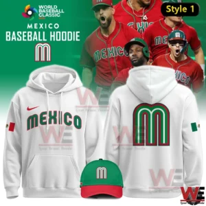 White Mexico baseball hoodie with Mexico text on front and large M logo on back for World Baseball Classic 2026!
