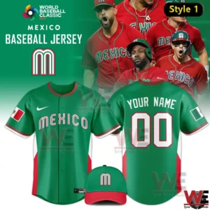 Green Mexico baseball jersey and matching cap for World Baseball Classic 2026 with custom name and number option!