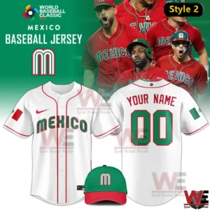 White Mexico baseball jersey with red trim and matching green red cap for World Baseball Classic 2026!
