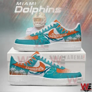 Miami Dolphins themed sneakers in aqua orange and white with palm tree and dolphin graphics!