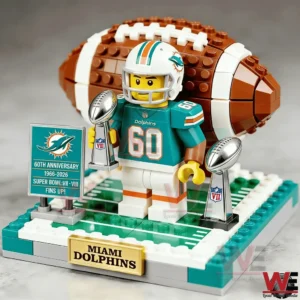 Brick built Miami Dolphins football player with two championship trophies and anniversary sign!