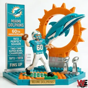 Miami Dolphins anniversary building brick display with player dolphin sun ring and trophies!