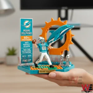 Miami Dolphins 60th Annviersary Building Brick Set 3 Hand holding Miami Dolphins anniversary building brick display with player dolphin and trophies!