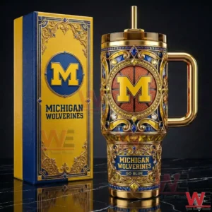 Gold and blue Michigan Wolverines tumbler with decorative details and matching box!